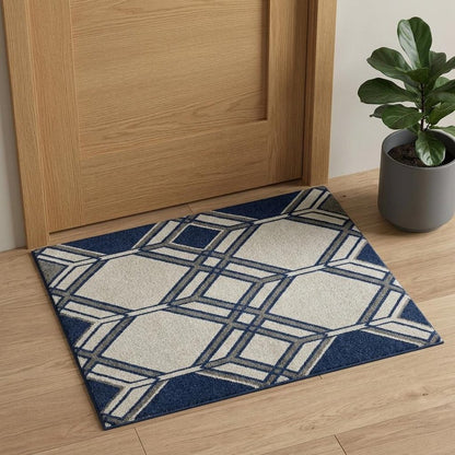 3' X 5' Blue Ivory And Gray Geometric Area Rug