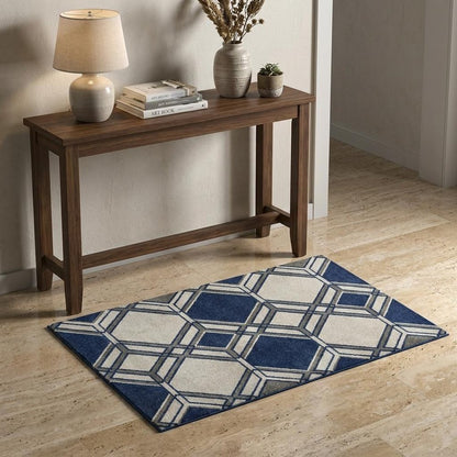 3' X 5' Blue Ivory And Gray Geometric Area Rug