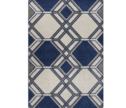 5' X 8' Blue Ivory And Gray Geometric Area Rug