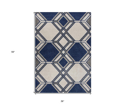 5' X 8' Ivory Or Denim Geometric Diamond Uv Treated Area Rug