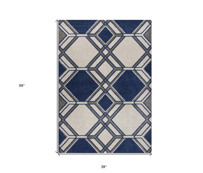 3' X 5' Blue Ivory And Gray Geometric Area Rug