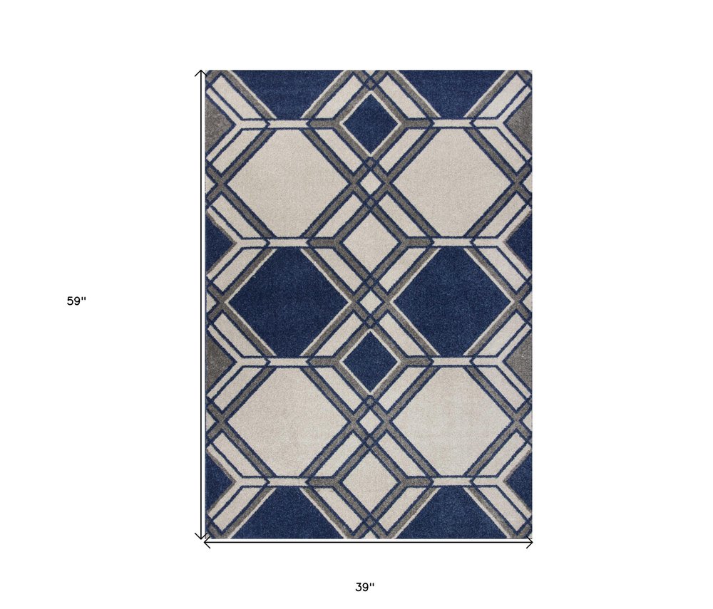 3' X 5' Blue Ivory And Gray Geometric Area Rug