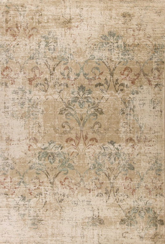 7' Champagne And Beige Damask Runner Rug