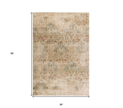 7' Champagne And Beige Damask Runner Rug