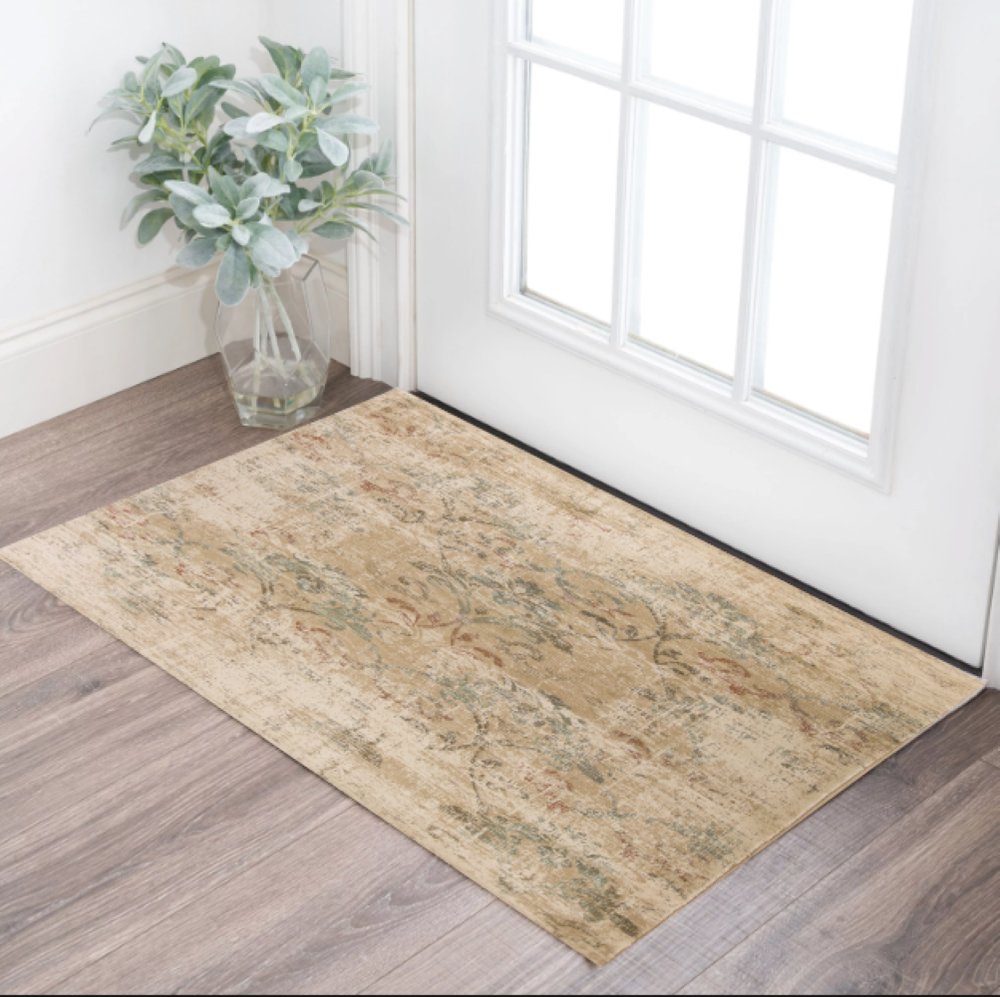 7' Champagne And Beige Damask Runner Rug