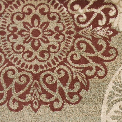 8' Sage Brown And Ivory Floral Medallion Runner Rug