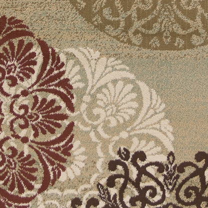 8' Sage Brown And Ivory Floral Medallion Runner Rug