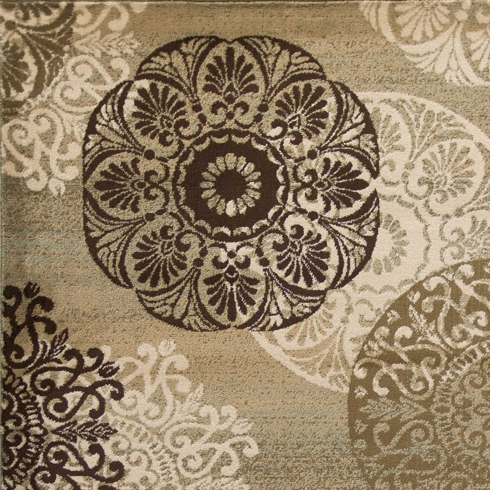 8' Sage Brown And Ivory Floral Medallion Runner Rug