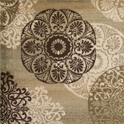 8' Sage Brown And Ivory Floral Medallion Runner Rug