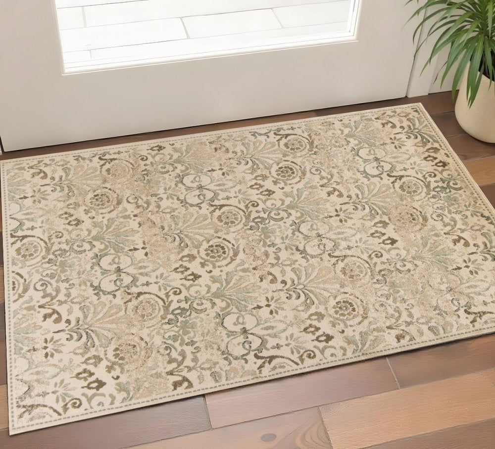 7' Ivory And Brown Floral Medallion Runner Rug