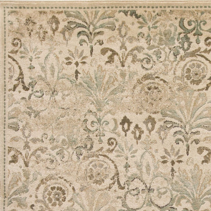 7' Ivory And Brown Floral Medallion Runner Rug