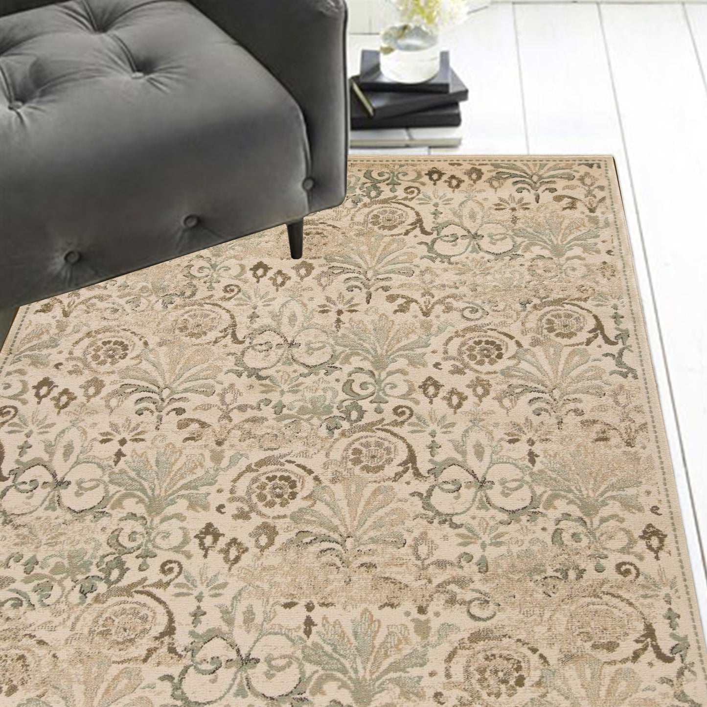 7' Ivory Floral Runner Rug