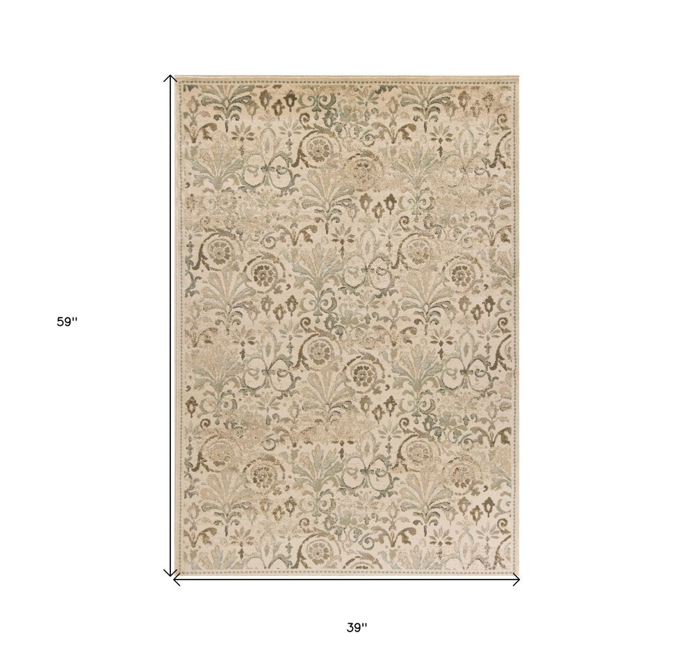 7' Ivory And Brown Floral Medallion Runner Rug