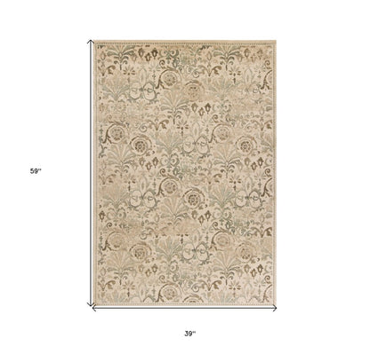 7' Ivory And Brown Floral Medallion Runner Rug