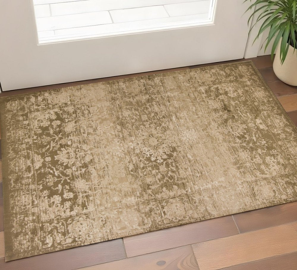 7' X 10' Beige And Tan Floral Medallion Area Rug
