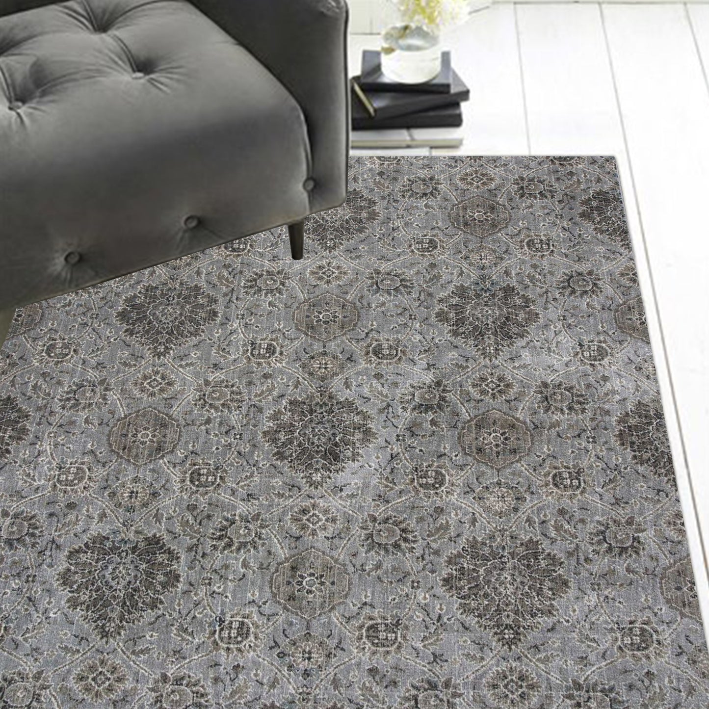 2' X 4' Silver Damask Area Rug