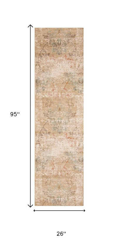 7' Champagne And Beige Damask Runner Rug