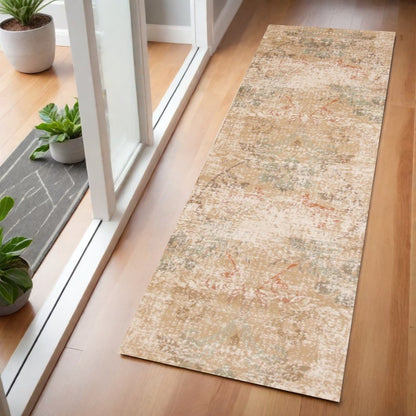 7' Champagne And Beige Damask Runner Rug