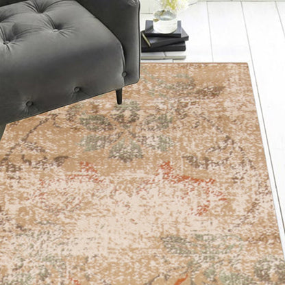 7' Champagne And Beige Damask Runner Rug