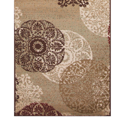 8' Sage Brown And Ivory Floral Medallion Runner Rug