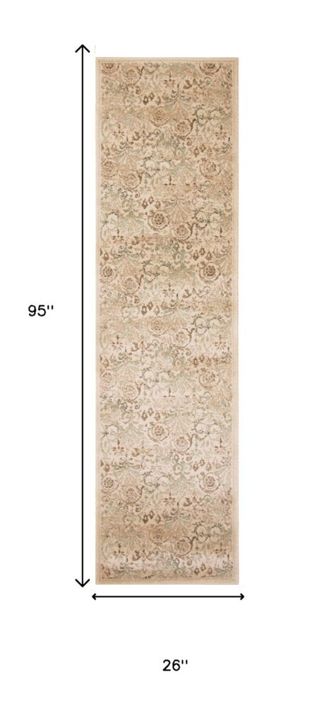 7' Ivory And Brown Floral Medallion Runner Rug