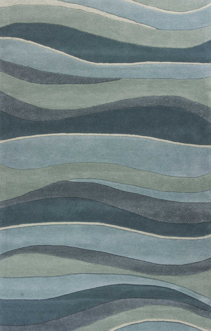 2' X 4' Ocean Blue Teal Hand Tufted Abstract Waves Indoor Accent Rug