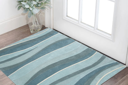 2' X 4' Ocean Blue Teal Hand Tufted Abstract Waves Indoor Accent Rug