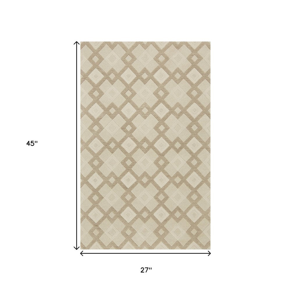 2' X 4' Ivory And Brown Wool Geometric Hand Tufted Area Rug