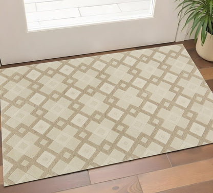 2' X 4' Ivory And Brown Wool Geometric Hand Tufted Area Rug