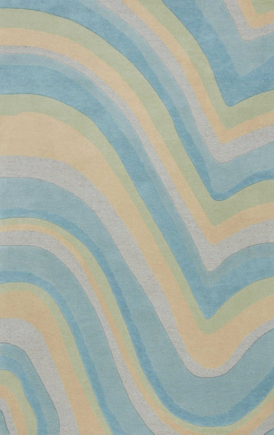 8' Blue Beige And Green Wool Abstract Hand Tufted Runner Rug