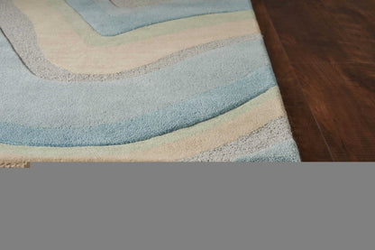 8' Blue Beige And Green Wool Abstract Hand Tufted Runner Rug