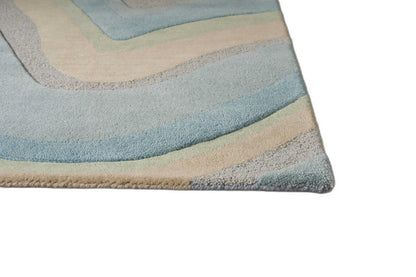 8' Blue Beige And Green Wool Abstract Hand Tufted Runner Rug
