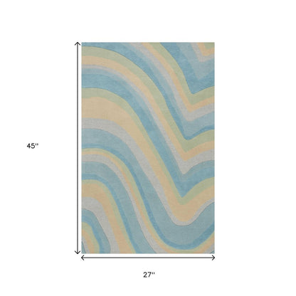 8' Blue Beige And Green Wool Abstract Hand Tufted Runner Rug