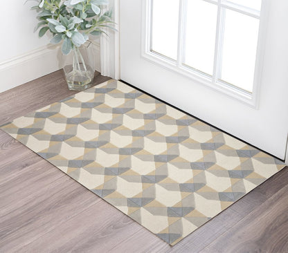 2' X 4' Ivory Gray And Cream Wool Geometric Hand Tufted Area Rug