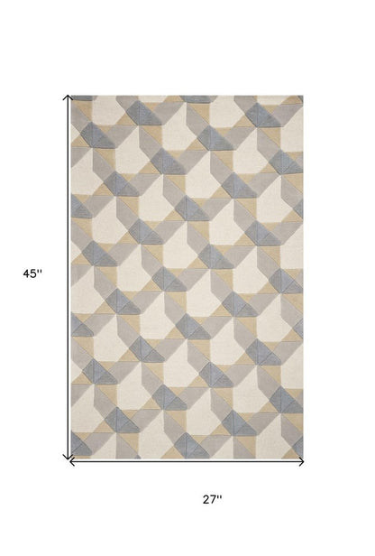 2' X 4' Ivory Gray And Cream Wool Geometric Hand Tufted Area Rug
