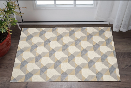 2' X 4' Ivory Or Grey Polygon Pattern Wool Area Rug