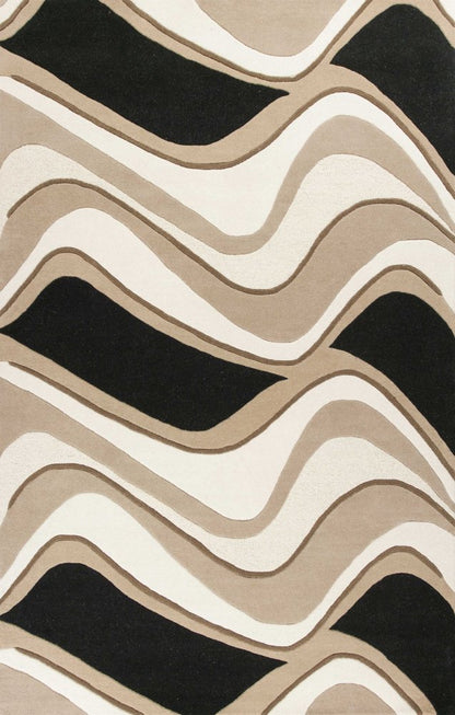 7' Beige And Black Wool Abstract Hand Tufted Runner Rug