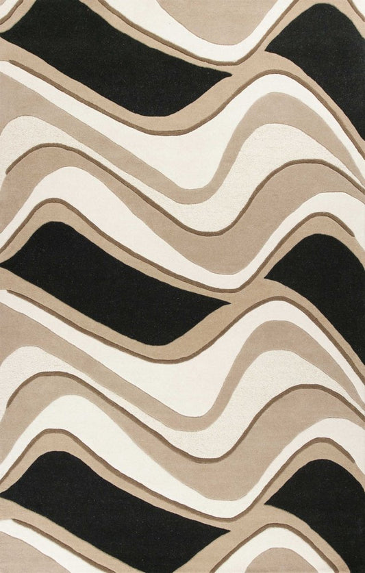 7' Beige And Black Wool Abstract Hand Tufted Runner Rug
