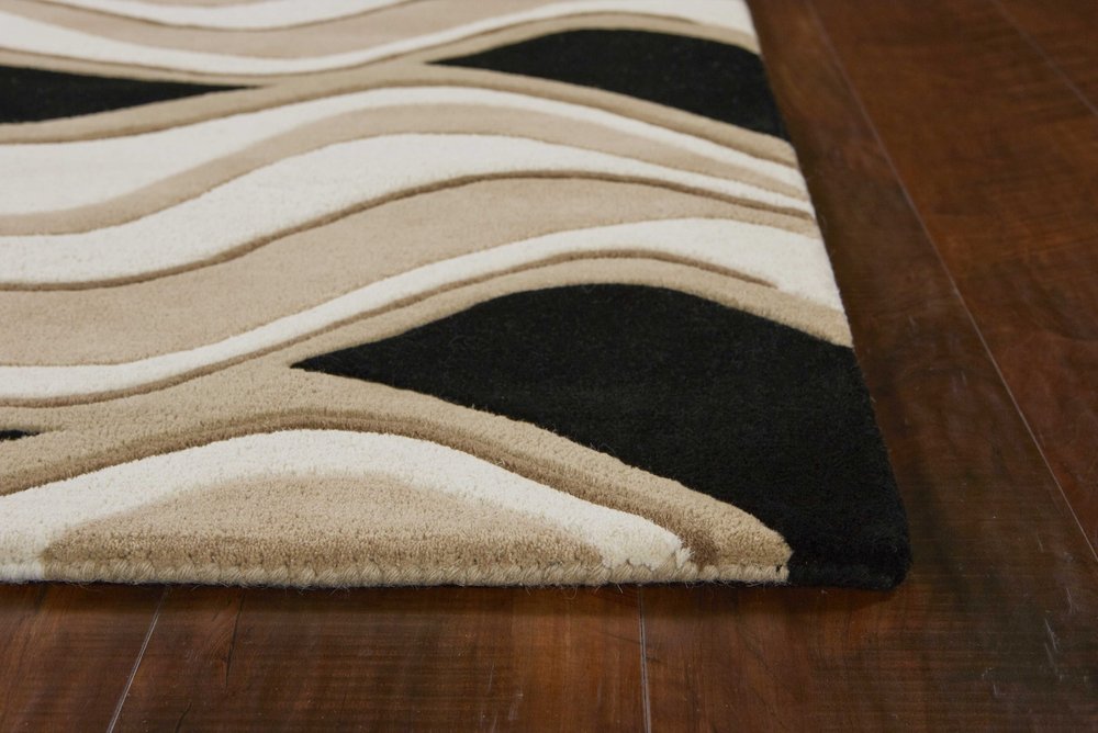 7' Beige And Black Wool Abstract Hand Tufted Runner Rug