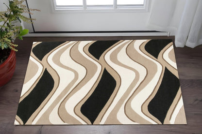 7' Beige And Black Wool Abstract Hand Tufted Runner Rug