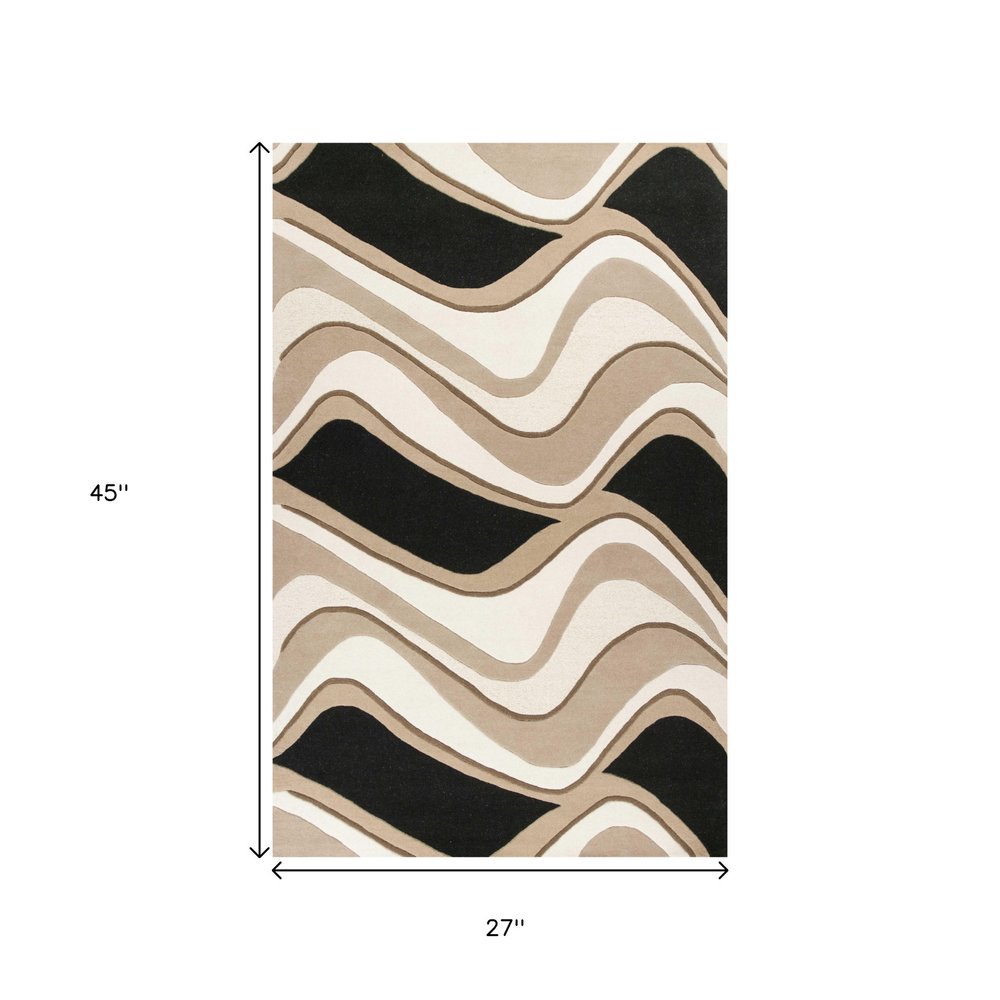 7' Beige And Black Wool Abstract Hand Tufted Runner Rug