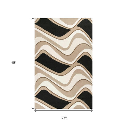7' Beige And Black Wool Abstract Hand Tufted Runner Rug