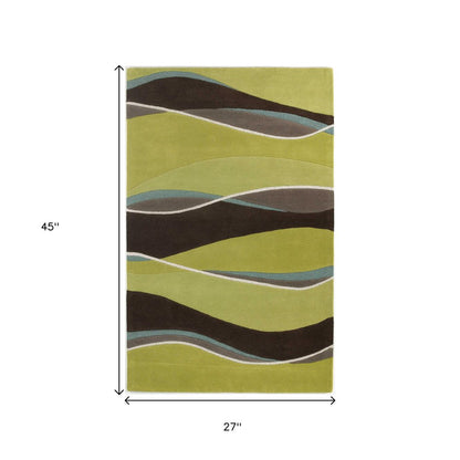 2' X 4' Lime Green Brown And Blue Wool Abstract Hand Tufted Area Rug