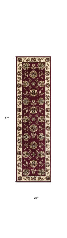 8' Red And Ivory Floral Medallion Runner Rug