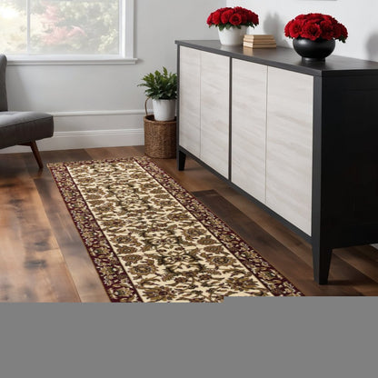 8' Red And Ivory Floral Medallion Runner Rug