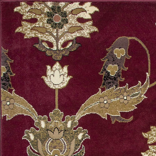 8' Red Beige And Brown Floral Vines Runner Rug