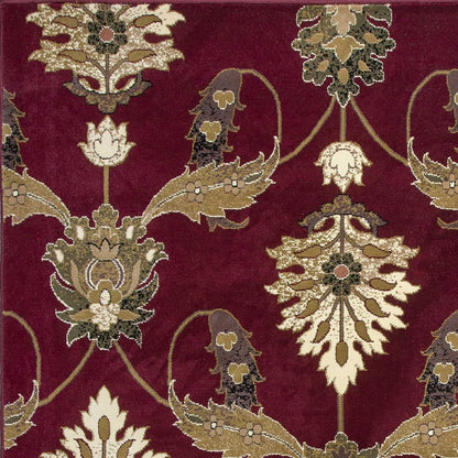 8' Red Beige And Brown Floral Vines Runner Rug