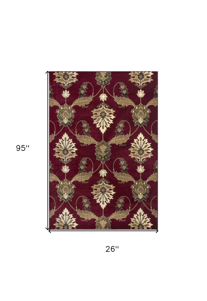8' Red Beige And Brown Floral Vines Runner Rug