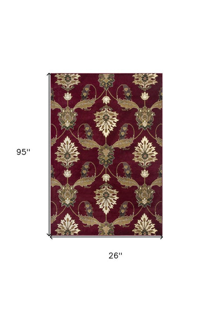 8' Red Beige And Brown Floral Vines Runner Rug