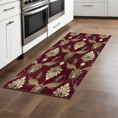 8' Red Beige And Brown Floral Vines Runner Rug